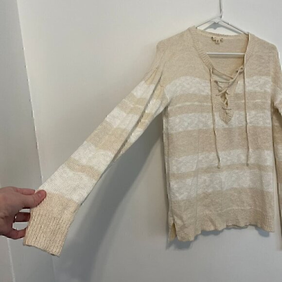HEM & THREAD ALTAR'D STATE Cream White Striped Lace Up Knit Pullover Sweatshirt - Picture 8 of 14